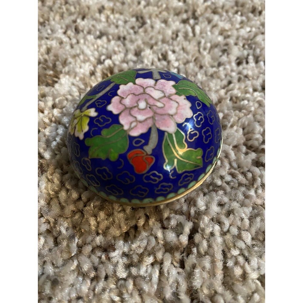 Vintage Cloisonne Enamel Trinket Box‎ Cobalt Blue Pink Peony Floral Round Brass
